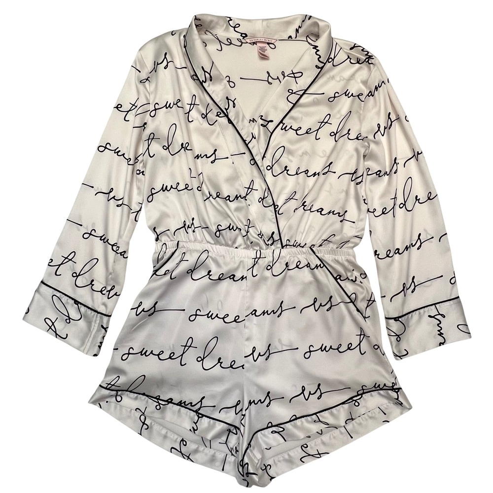 Victoria's Secret White Satin Script Print Pajama Romper Sleepwear Size M